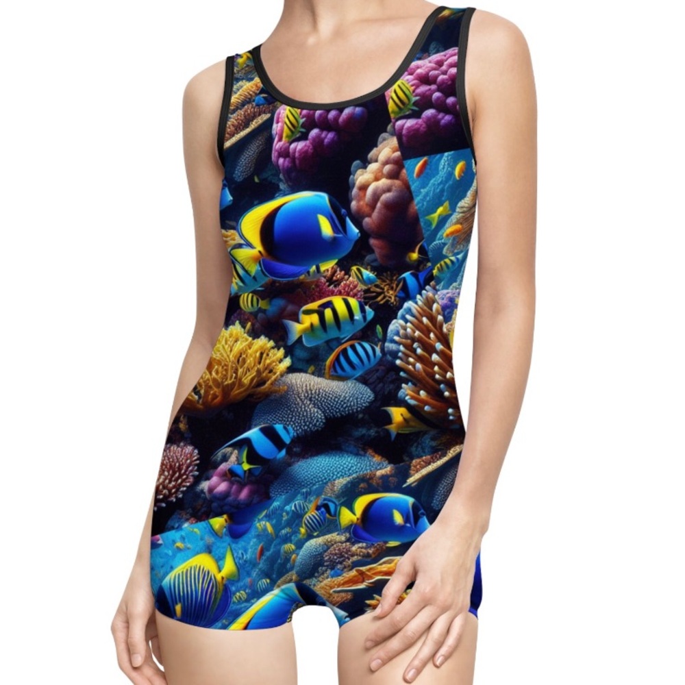 Underwater World Blue and Yellow One Piece Swimwear with Tropical Fish Design